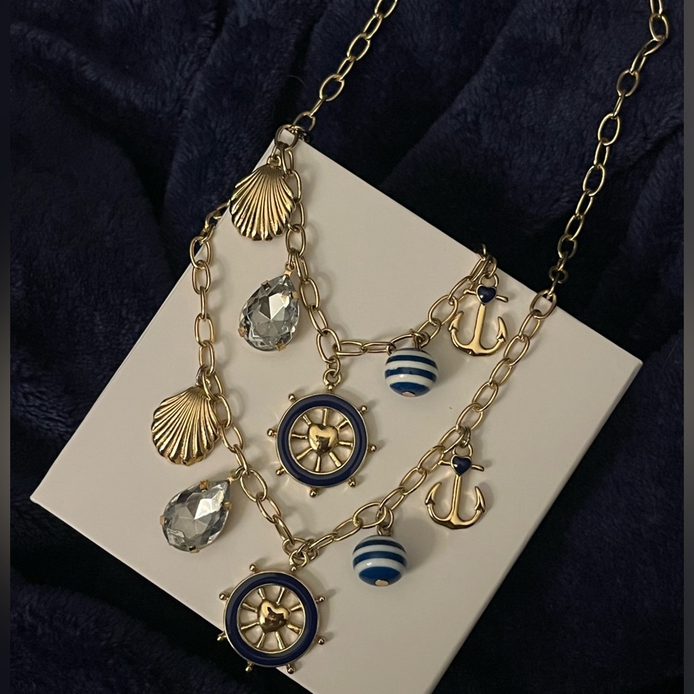 Nautical Gold Navy Boat Seashell Anchor Charm Statement Necklace Bracelet Set